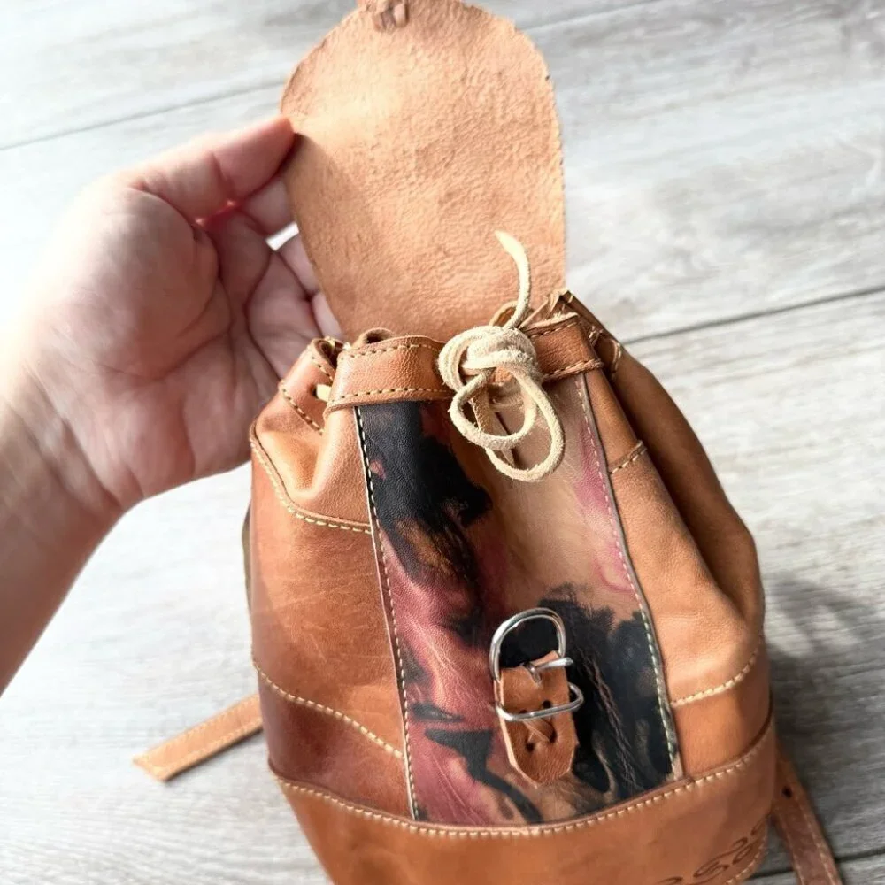 Cognac Tooled Brown Leather Backpack Brown Leather